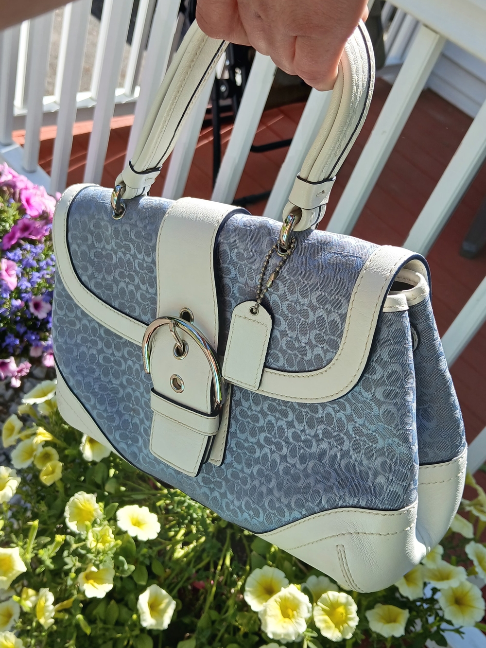 Coach Hard To Find "C" Authentic Sky Blue Signature C Jacquard Hand Bag - Picture 2 of 15